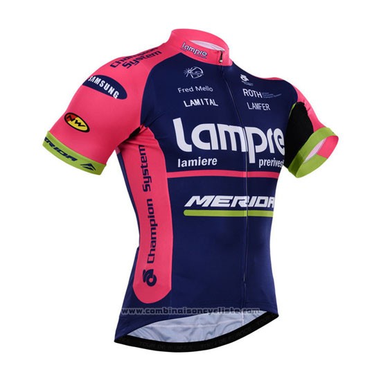 2015 Maillot Cyclisme Lampre Merida Rose et Bleu Manches Courtes et Cuissard